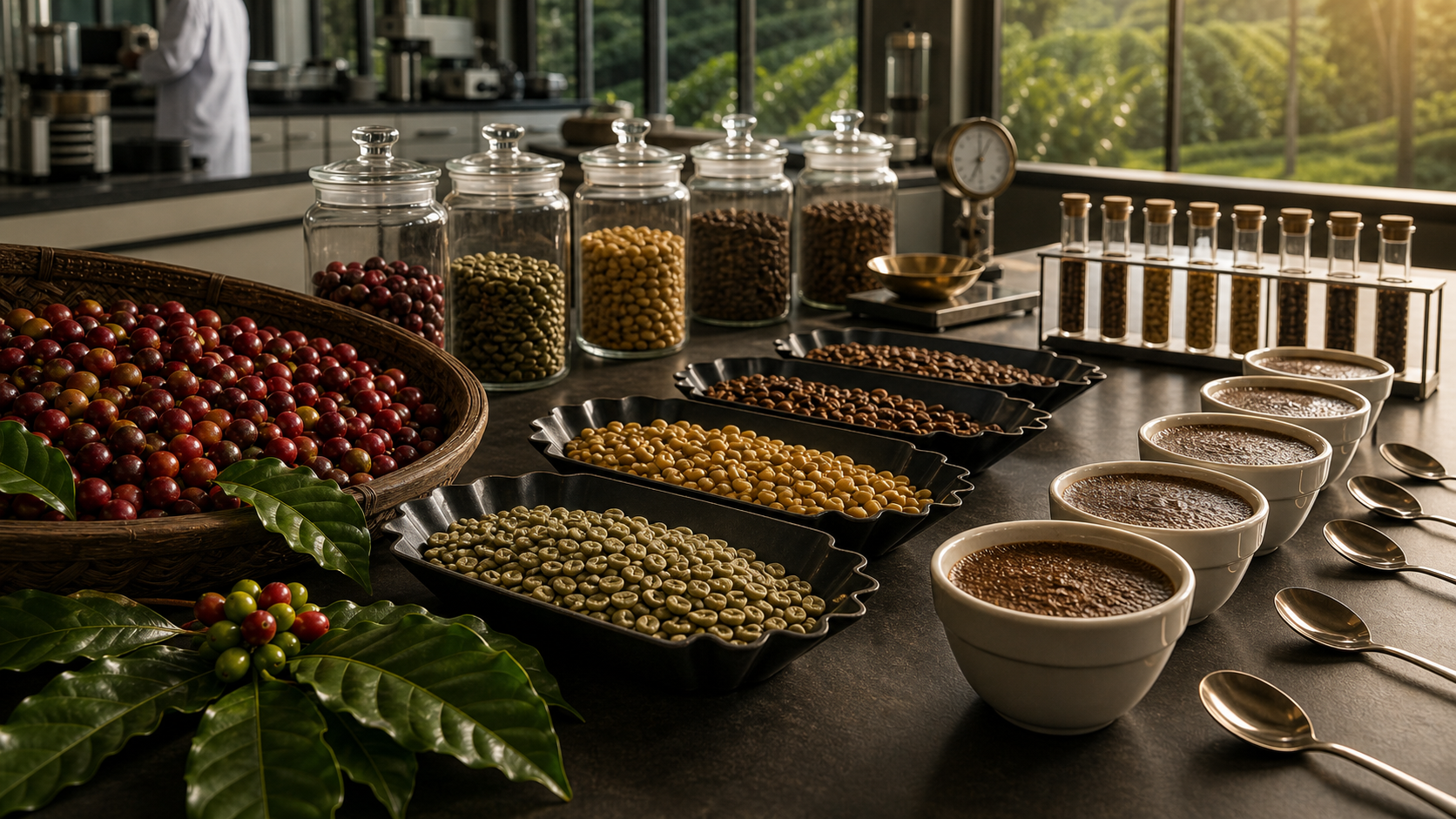 Coffee cherries, green coffee and quality samples