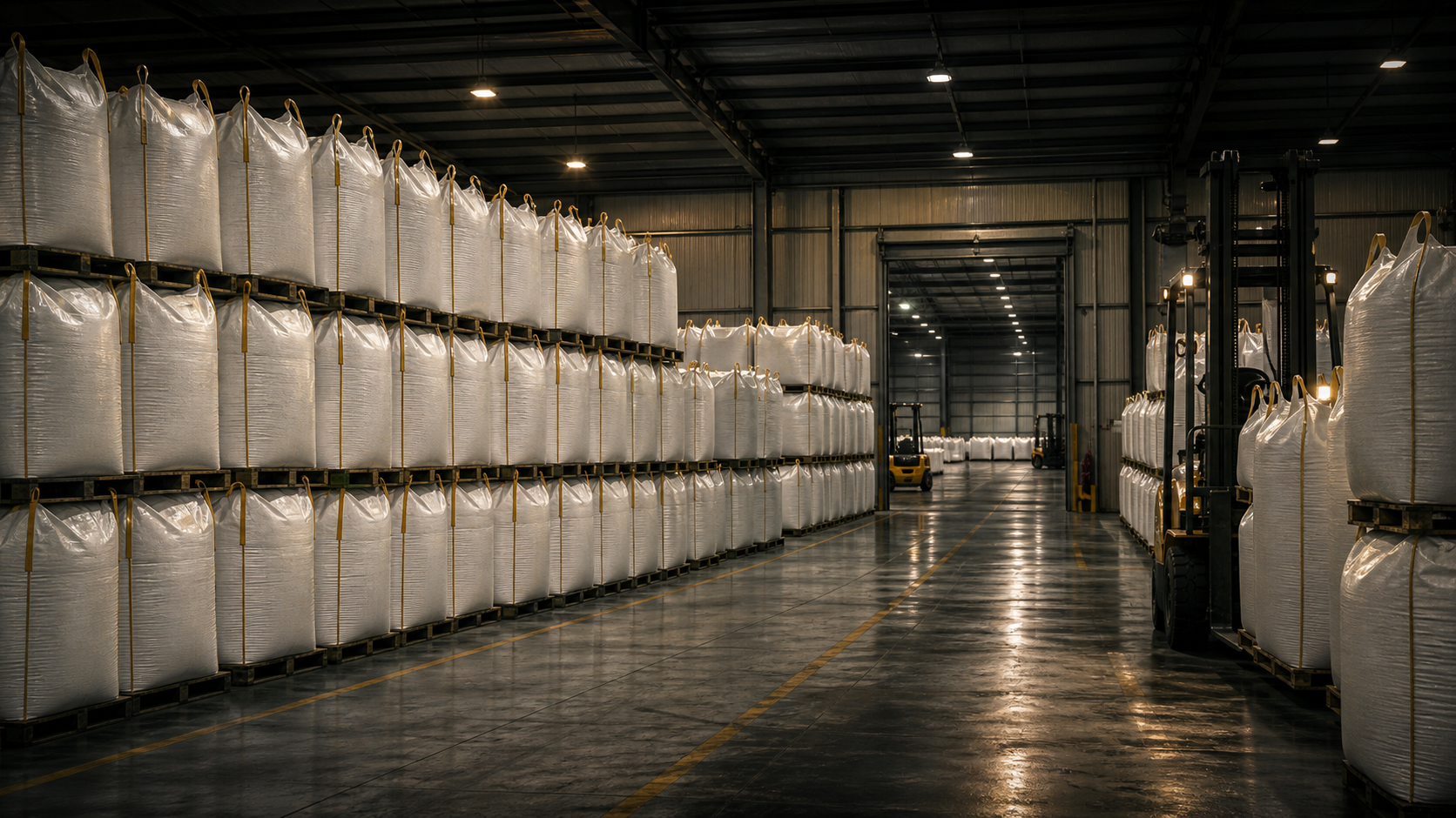 Fertilizer big bags in industrial warehouse