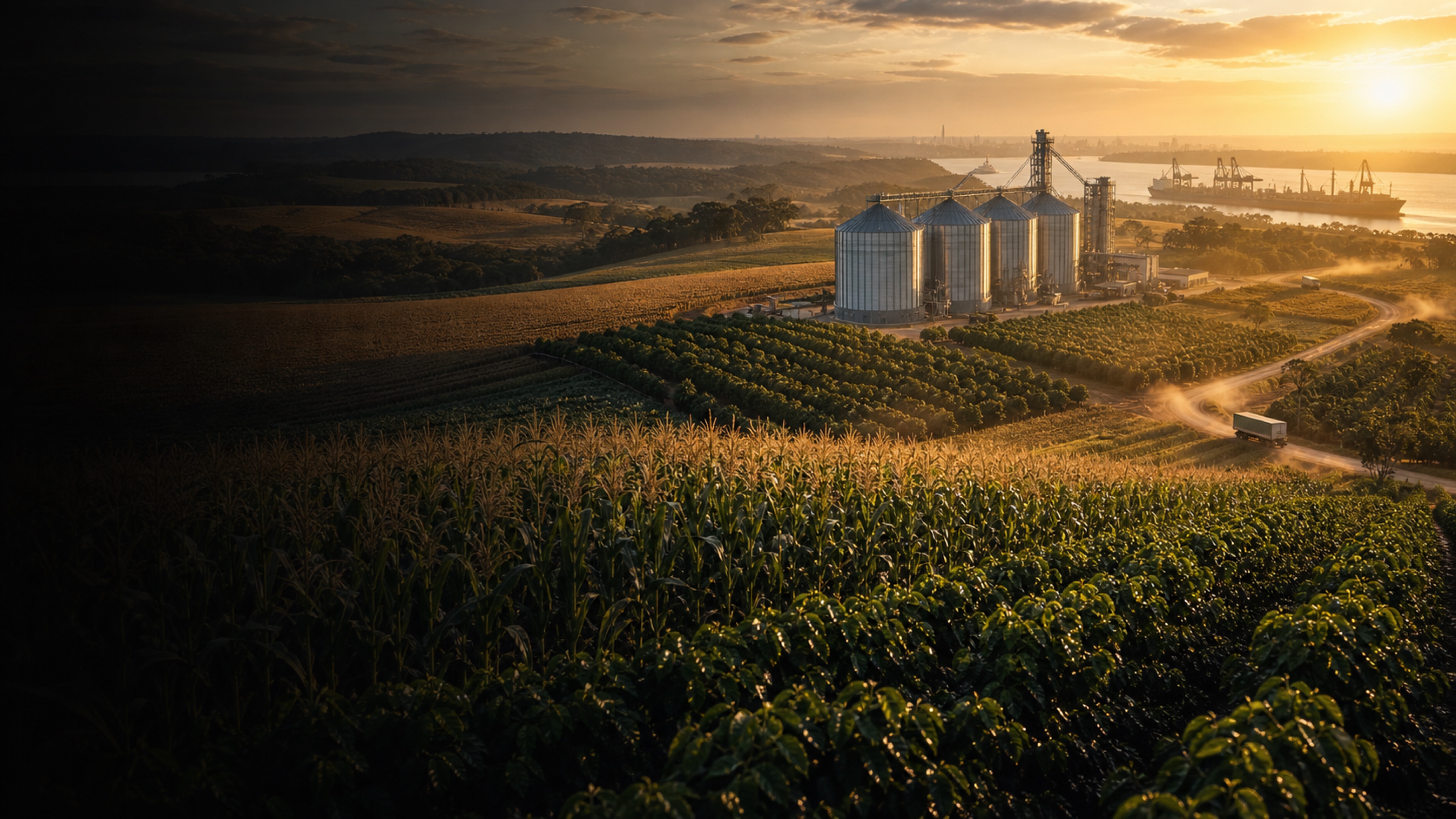 Premium Brazilian agribusiness export landscape with crops and logistics
