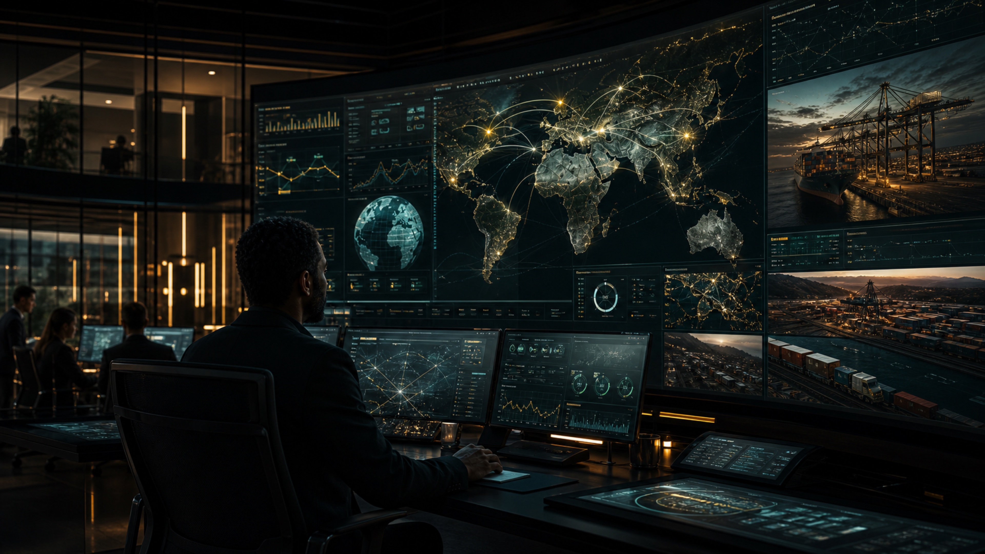 Global trade technology control center with logistics intelligence dashboards
