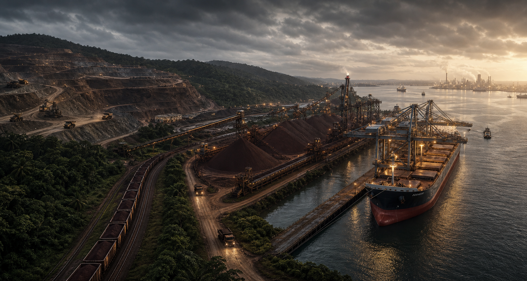 Integrated Parauapebas iron ore export corridor with mine operations, stockyard, rail logistics, Vila do Conde port and bulk vessel loading
