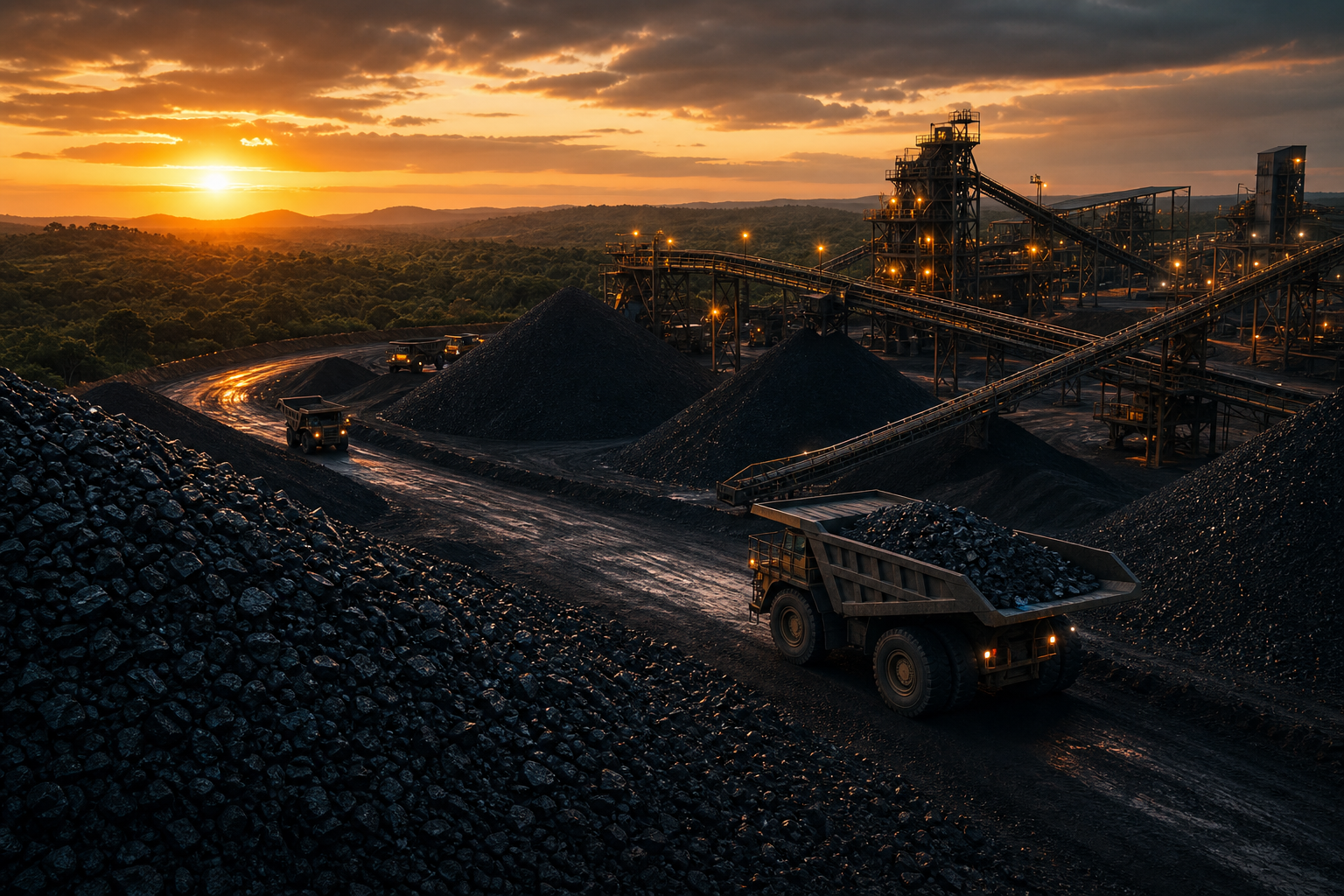 Dark manganese ore stockpiles and haul trucks
