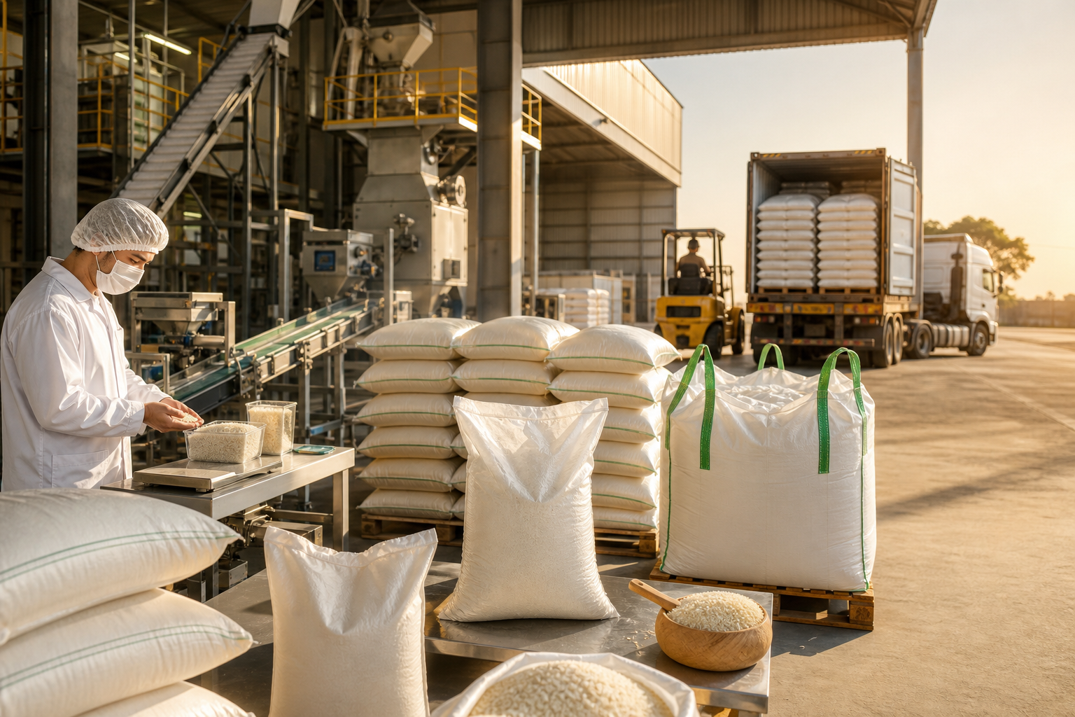 Rice mill warehouse with export bags and containerized logistics