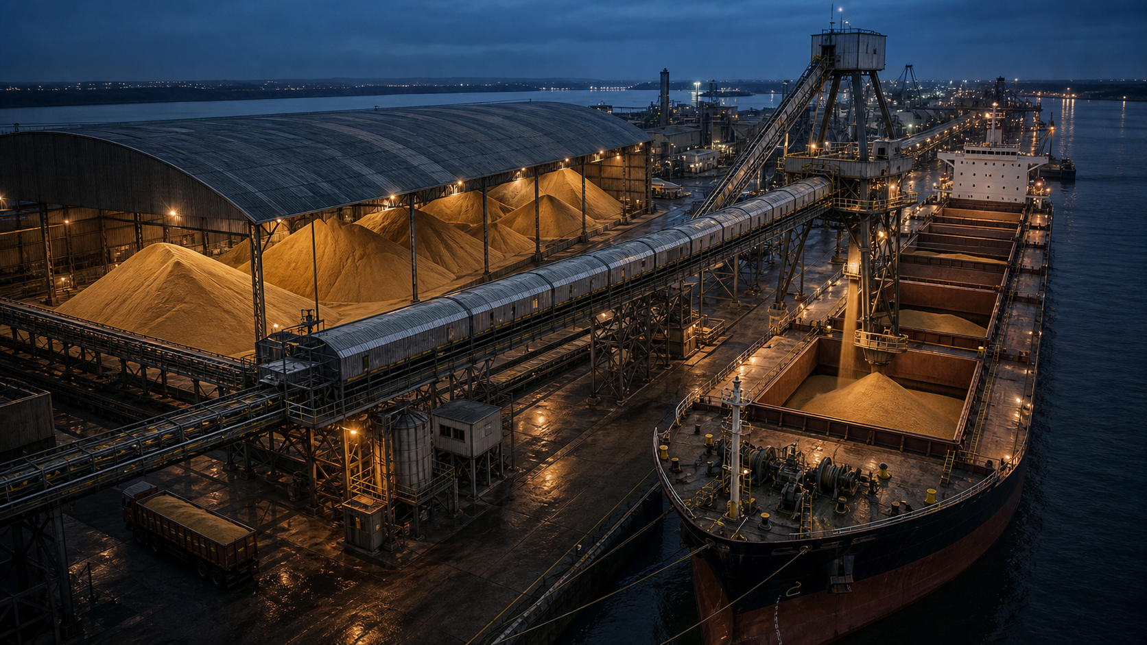 Bulk soybean meal export terminal and vessel loading