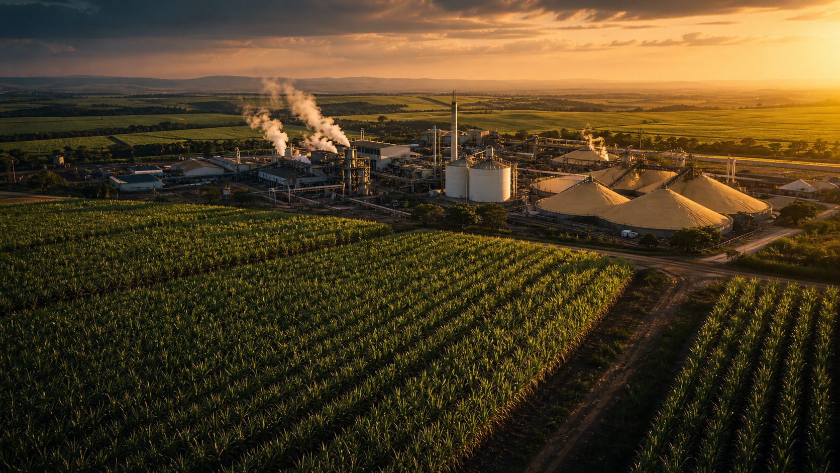 Brazilian sugarcane fields and sugar mill infrastructure